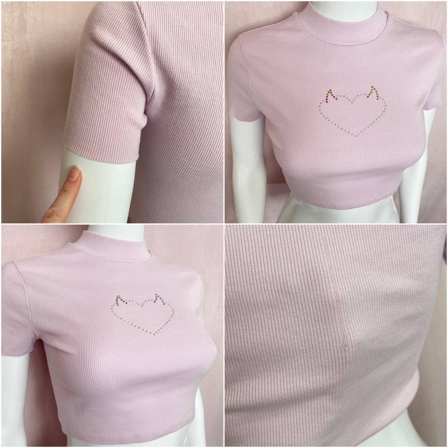Upcycled Urban Outfitters Devil Heart Rhinestone Pink Crop Baby Tee, Size XS