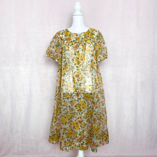 Vintage Floral Button Down See-Through Midi Dress