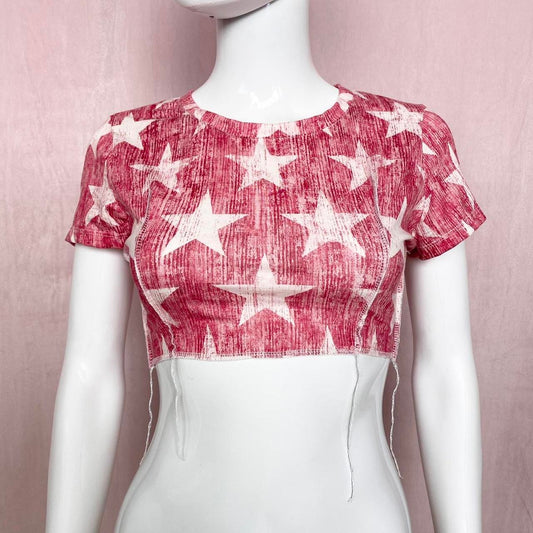 Reworked Christopher & Banks Red Star Stretchy Crop Top P/S Y2K Grunge Patriotic