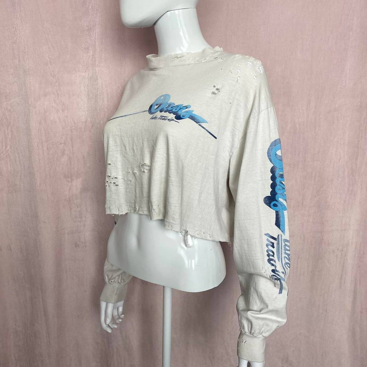 Upcycled Oasis Lake Travis Distressed Crop Long Sleeve, Size Large