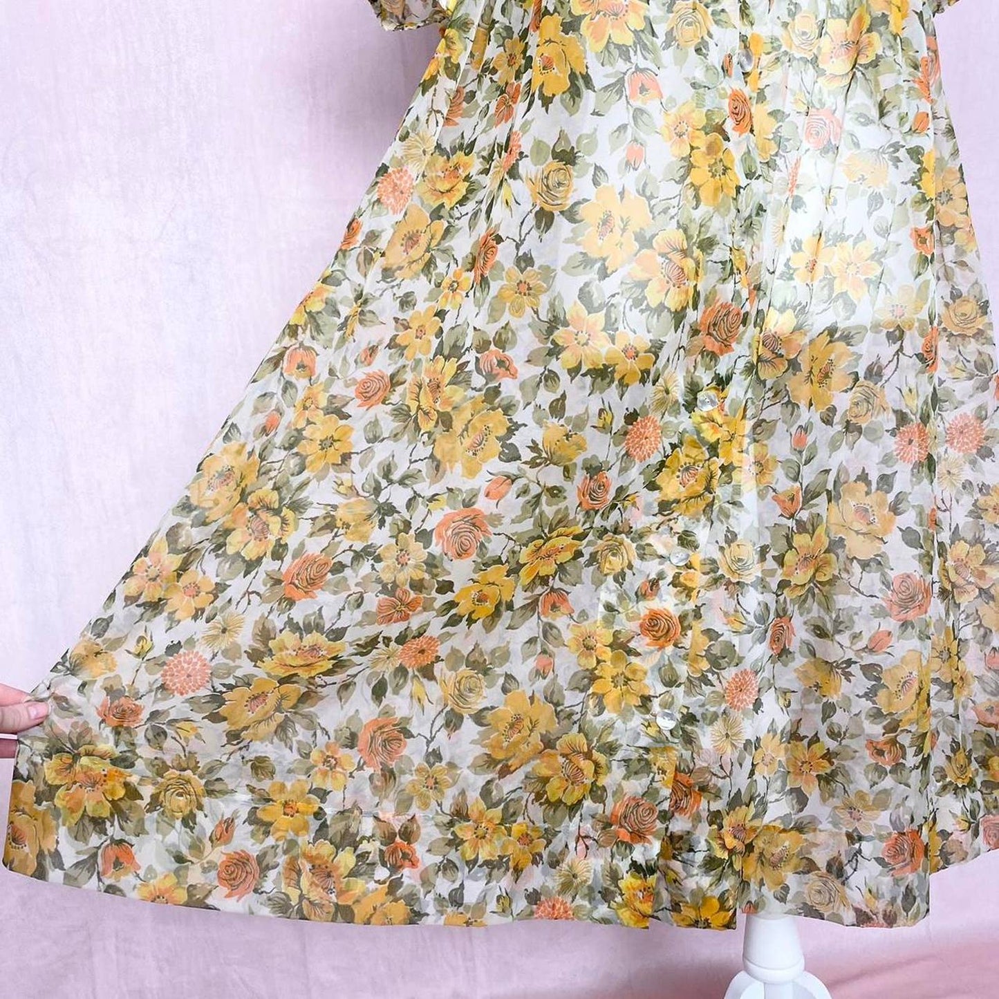 Vintage Floral Button Down See-Through Midi Dress