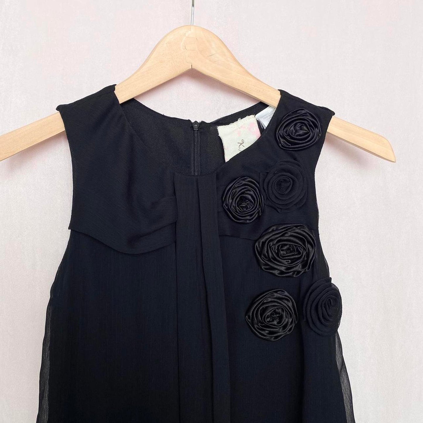 Preowned Black Satin Rose Embellished A-Line Mini Dress, Size Small