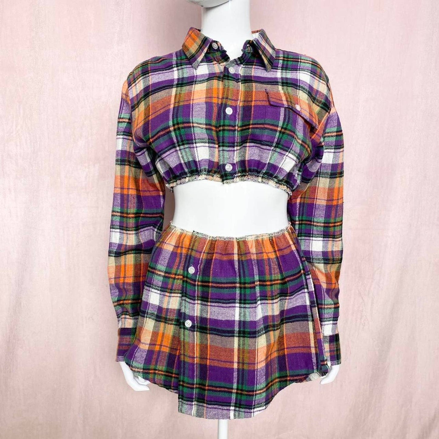 Upcycled Stussy Flannel Crop Jacket & Skirt Set, Size Small