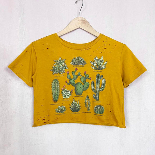 Reworked Fifth Sun Cactus Distressed Crop Tee, Size XS