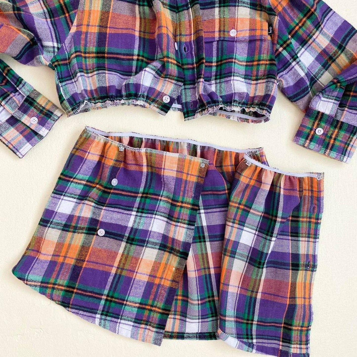 Upcycled Stussy Flannel Crop Jacket & Skirt Set, Size Small