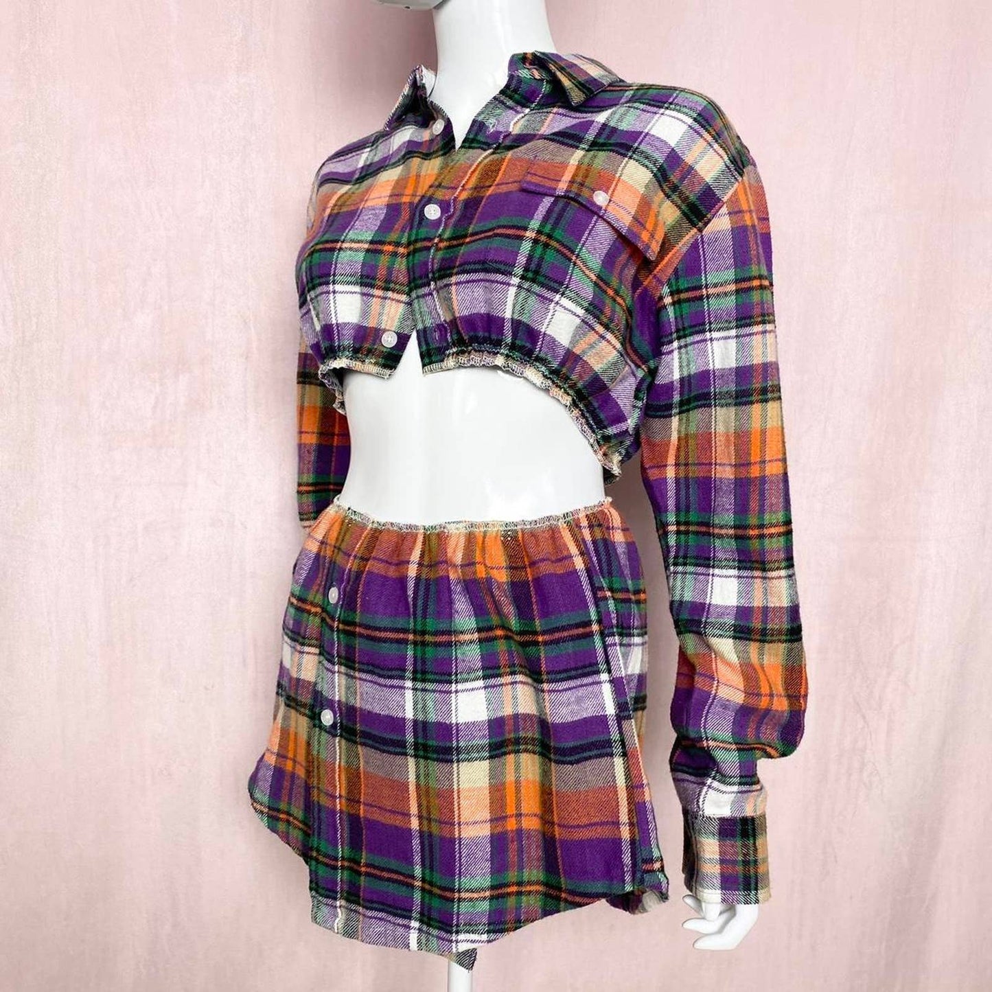 Upcycled Stussy Flannel Crop Jacket & Skirt Set, Size Small