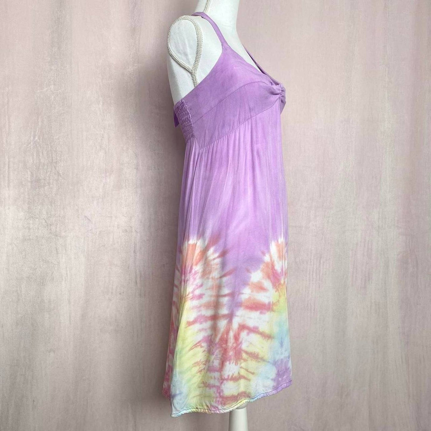 Vintage Purple Rayon Tie Dye Halter Dress, Size Small