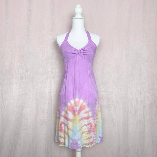 Vintage Purple Rayon Tie Dye Halter Dress, Size Small
