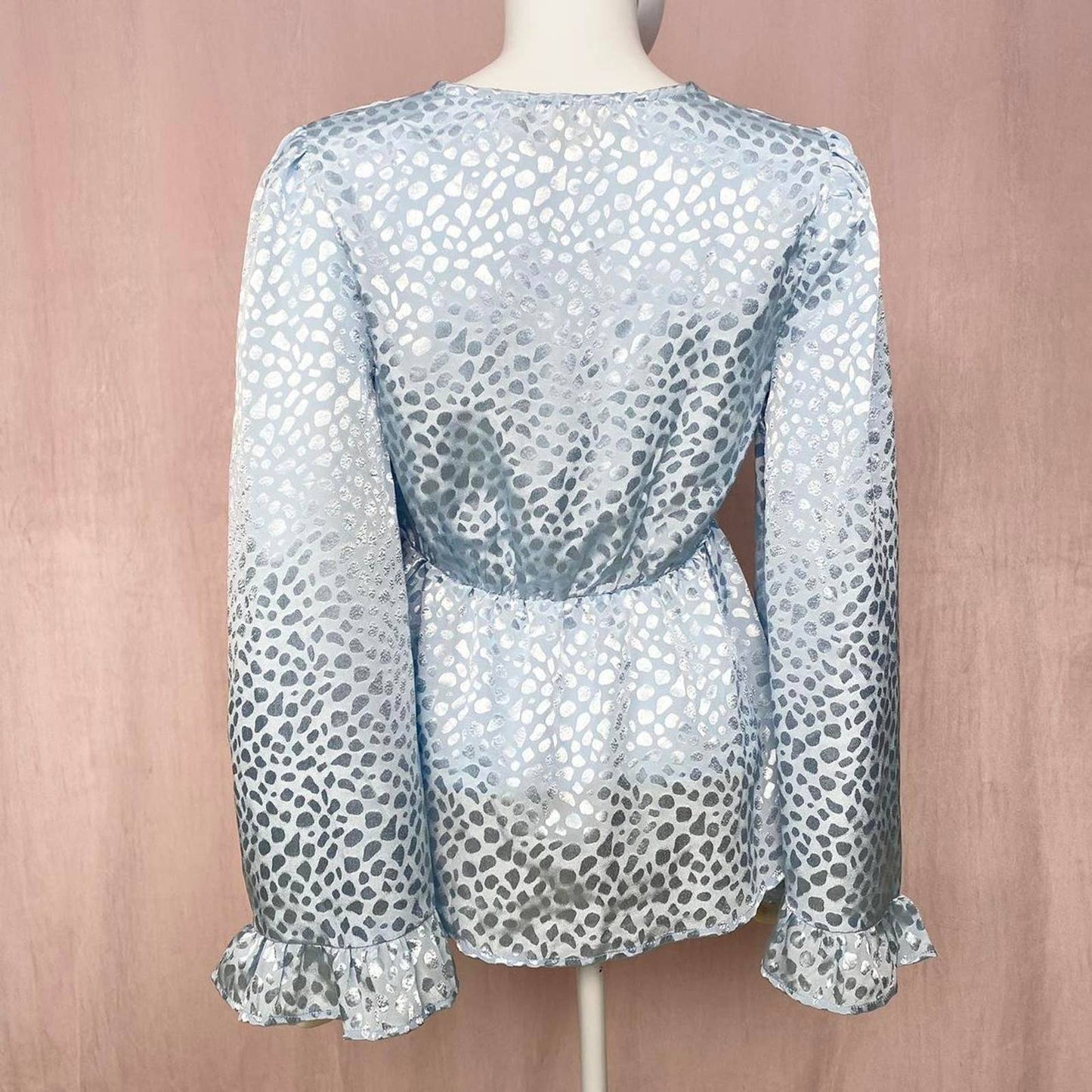 Secondhand Wishing Waves Blue Satin Leopard Print Blouse, Size Small