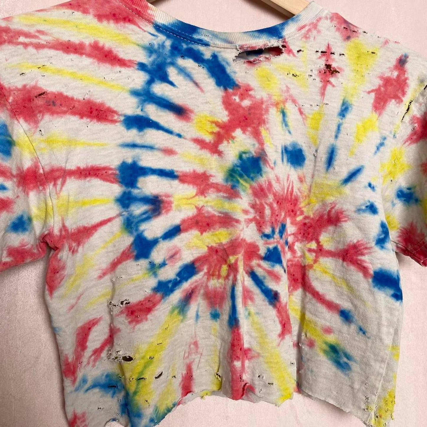 Reworked Tie Dye Distressed Crop Baby Tee, Size XS