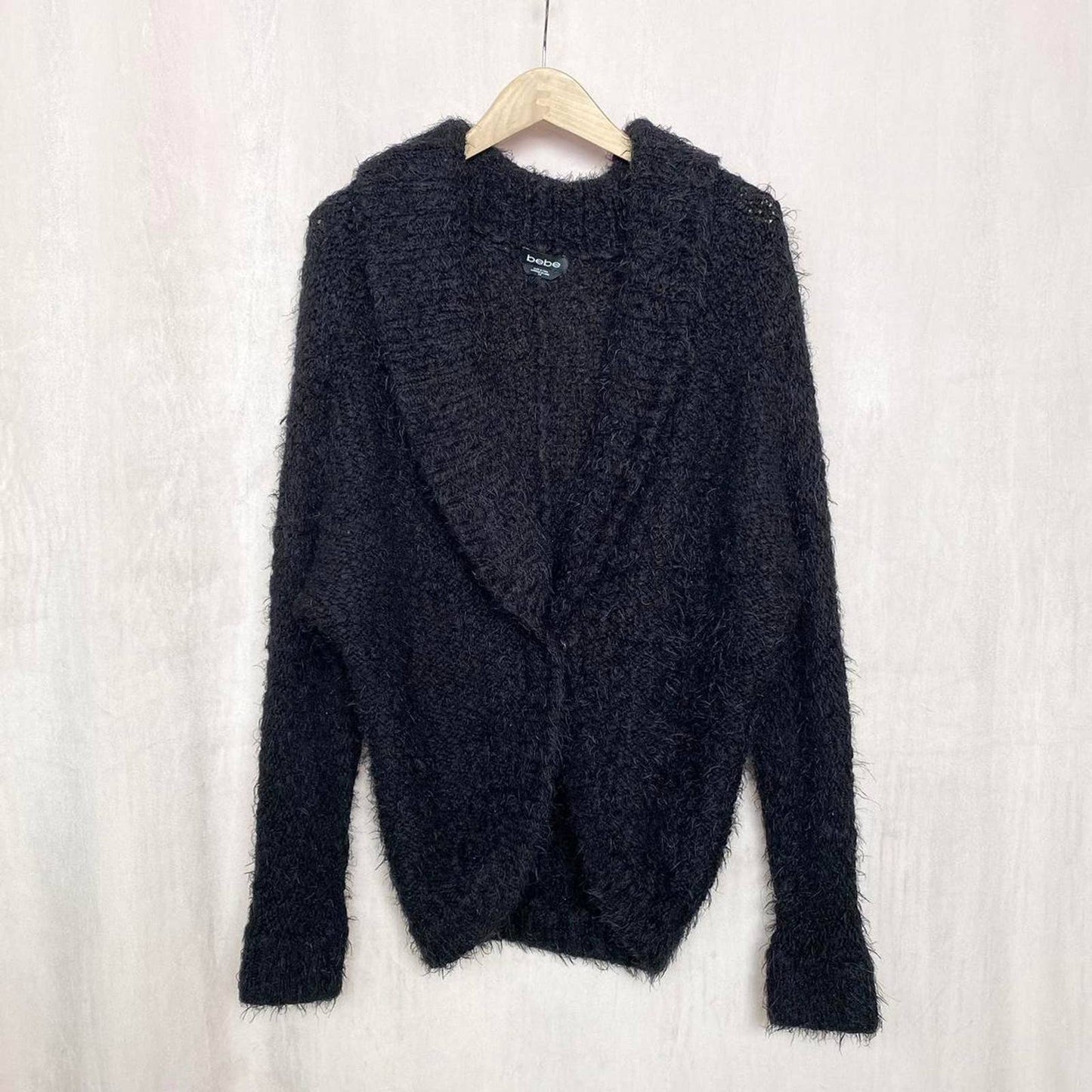 Secondhand Bebe Black Fuzzy Knit Cardigan Sweater, Size Small