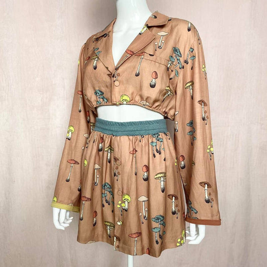 Upcycled Mushroom Crop Jacket & Skirt Set, Size S/M