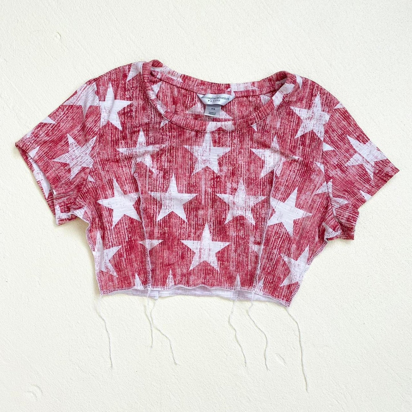 Reworked Christopher & Banks Red Star Stretchy Crop Top P/S Y2K Grunge Patriotic