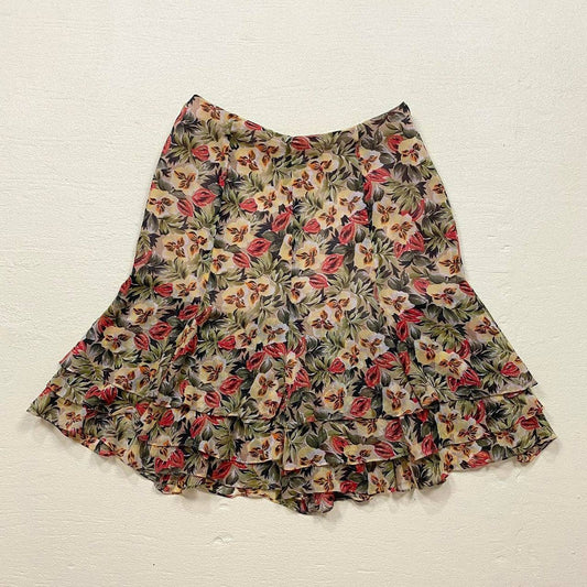 Vintage Dana Buchman Floral Ruffle Tiered Silk Mini Skirt, Size 8