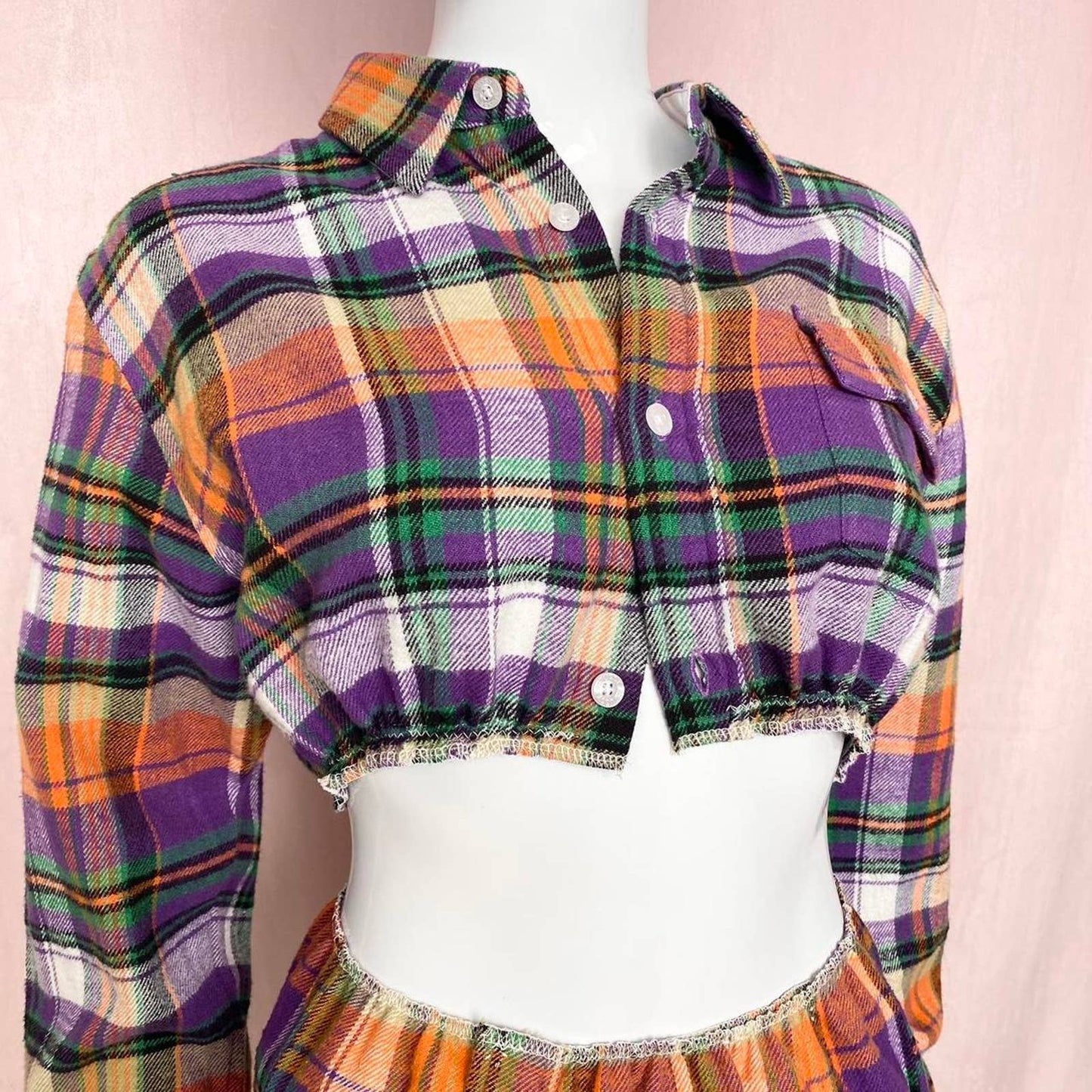 Upcycled Stussy Flannel Crop Jacket & Skirt Set, Size Small