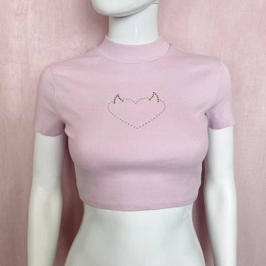 Upcycled Urban Outfitters Devil Heart Rhinestone Pink Crop Baby Tee, Size XS