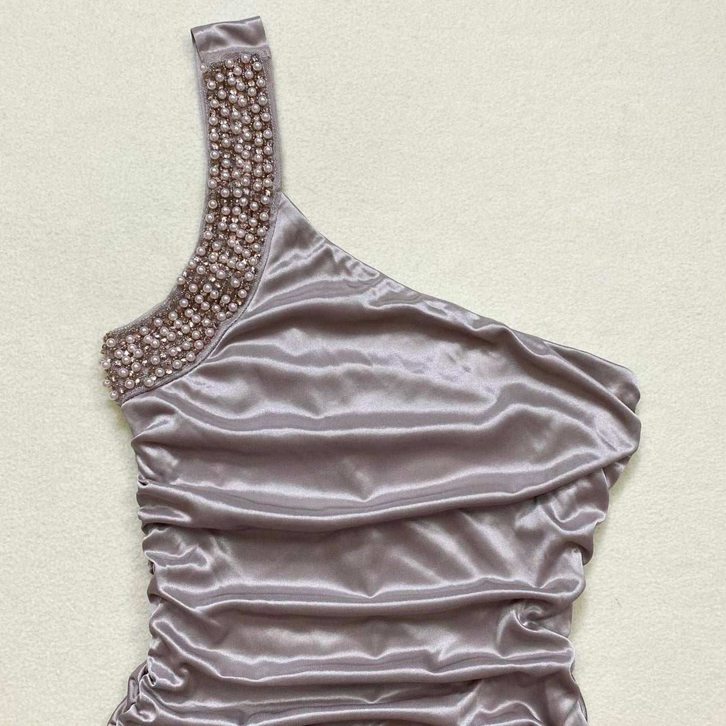 Secondhand Deb One Shoulder Embellished Ruched Satin Dress, Size Small