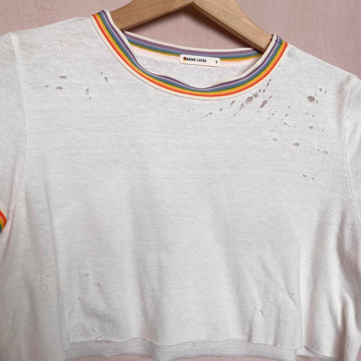 Reworked Marine Layer Distressed Rainbow Trim Crop Tee, Size Small