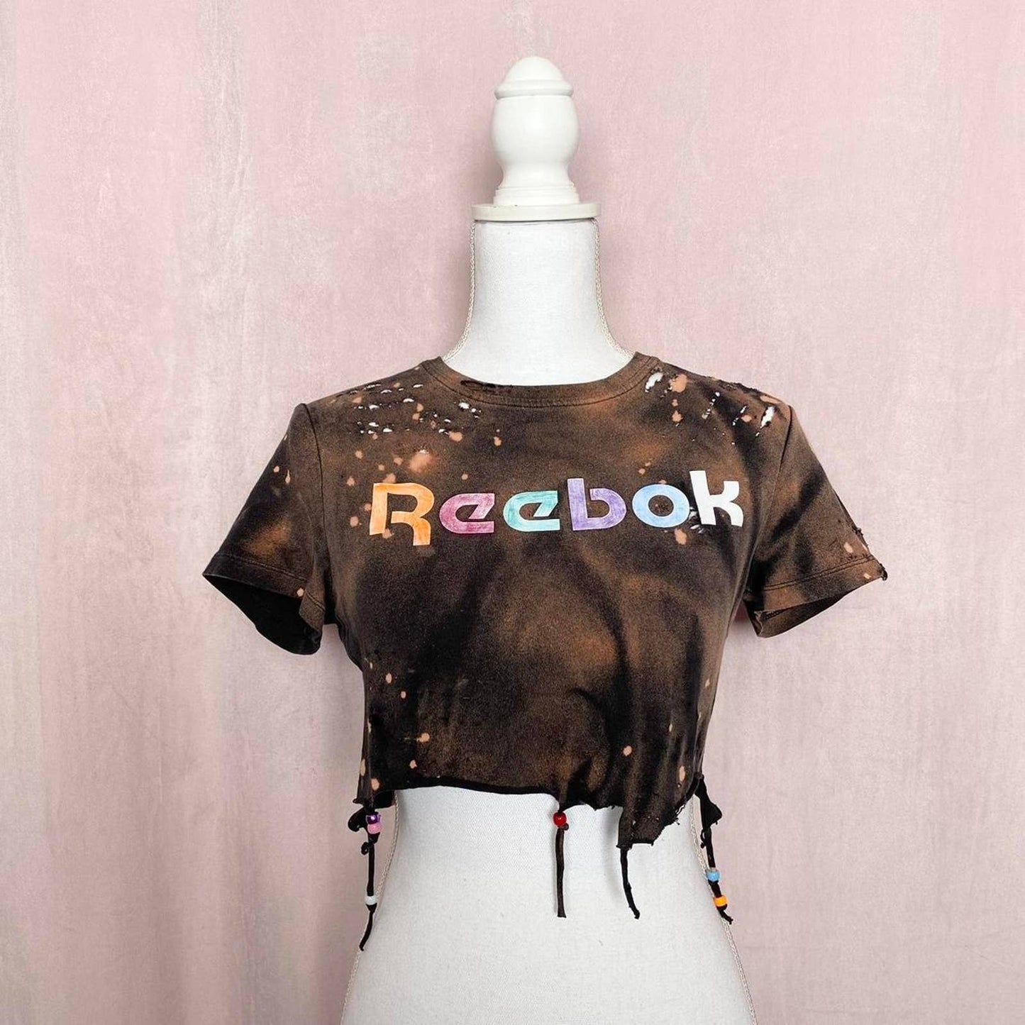 Upcycled Reebok Acid Wash Distressed Crop Baby Tee, Size Small