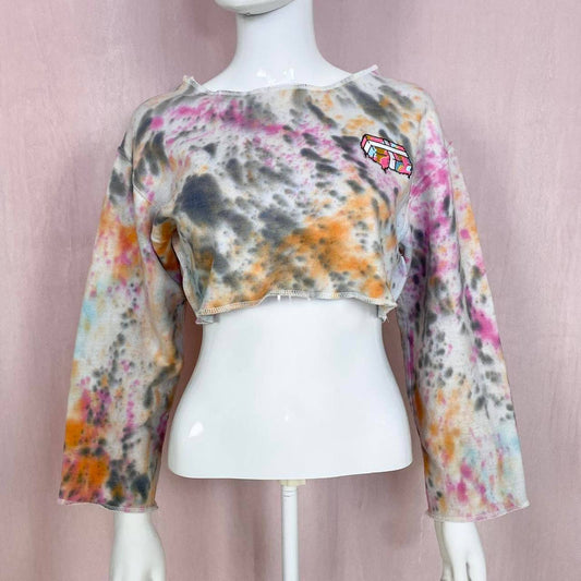 Upcycled Tie Dye Crop Crewneck Sweatshirt, Size Small