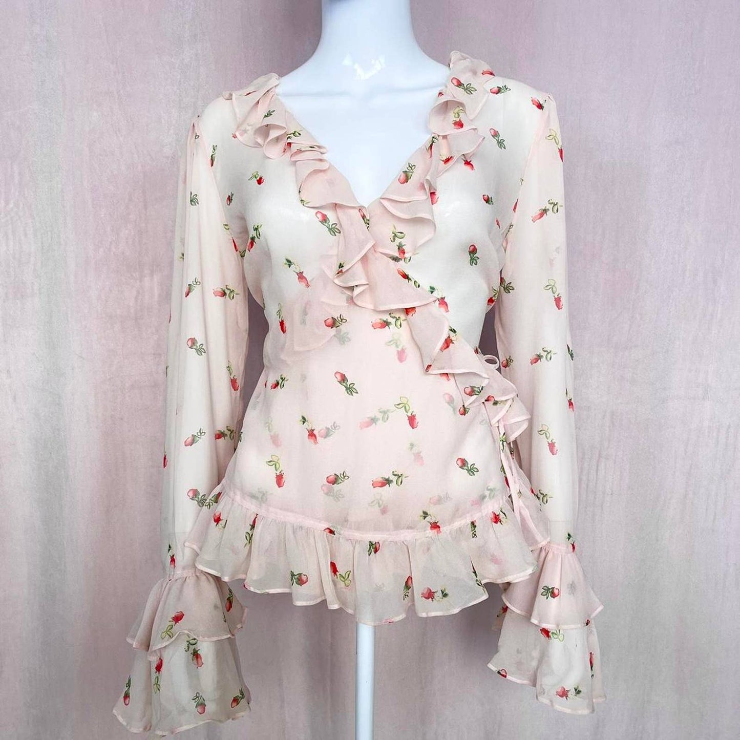 Y2K Moda International Floral Ruffle Wrap Silk Blouse, Size Medium
