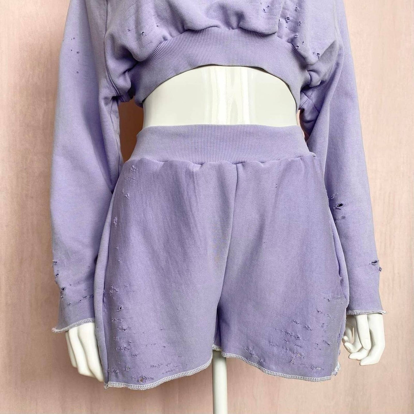 Upcycled Distressed Purple Crop Hoodie & Shorts Set, Size S/M