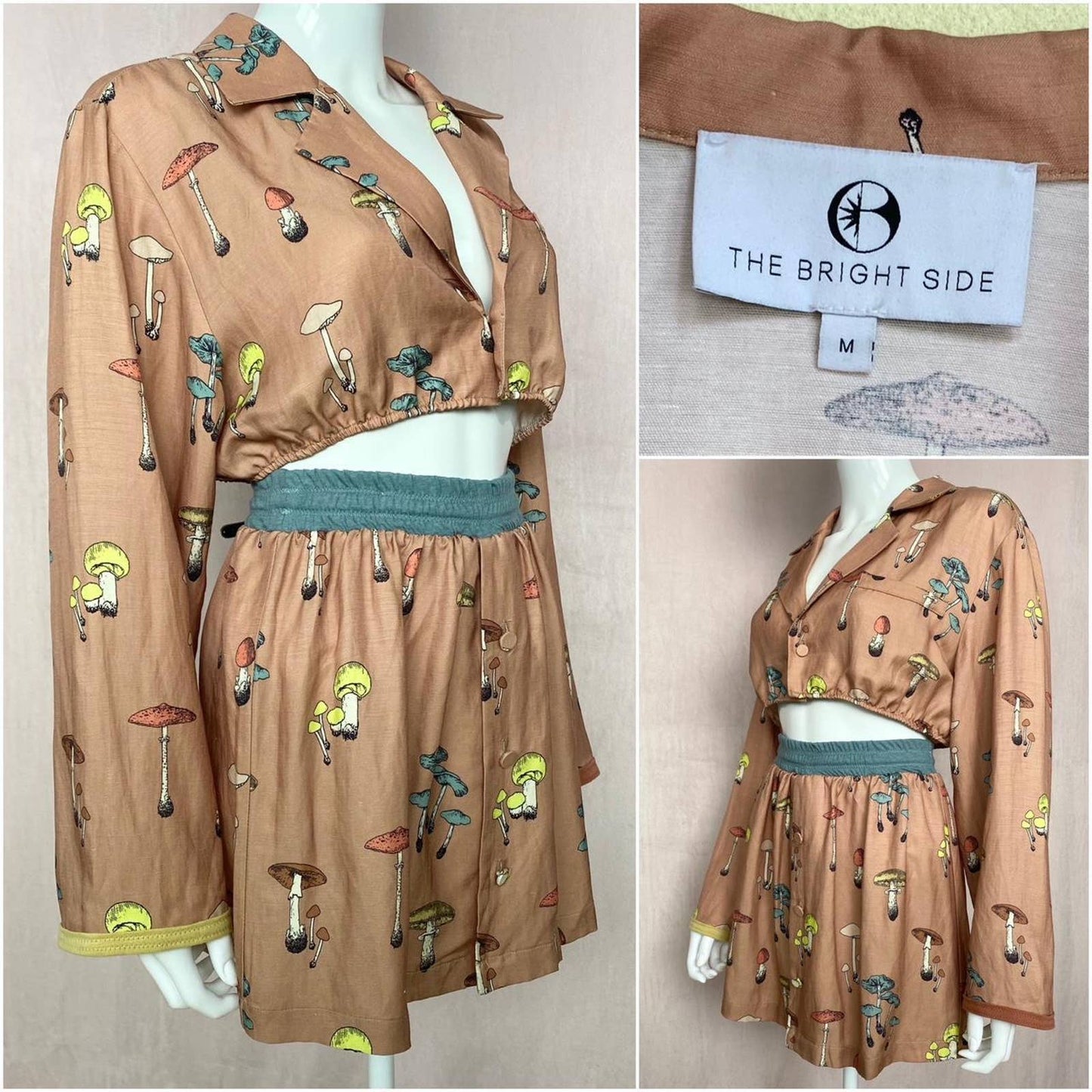 Upcycled Mushroom Crop Jacket & Skirt Set, Size S/M