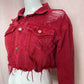 Upcycled Red Distressed Crop Denim Jacket, Size Small