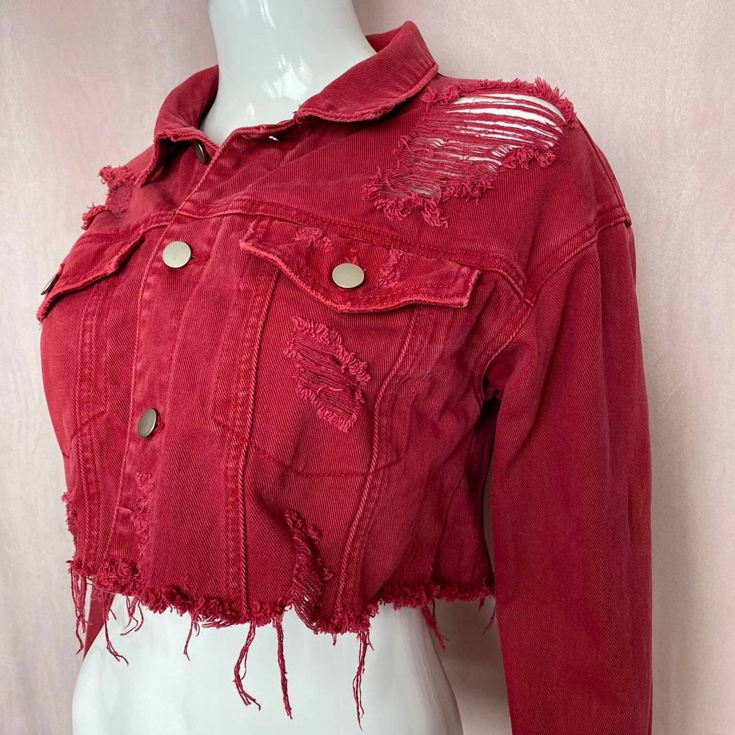 Upcycled Red Distressed Crop Denim Jacket, Size Small