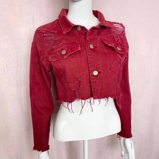 Upcycled Red Distressed Crop Denim Jacket, Size Small