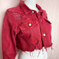 Upcycled Red Distressed Crop Denim Jacket, Size Small
