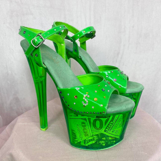 Upcycled Pleaser Green Money Dancer Heels, Size 6