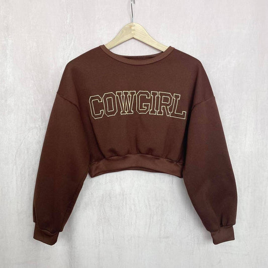 Reworked Cowgirl Brown Crop Crewneck Sweatshirt, Size S/M