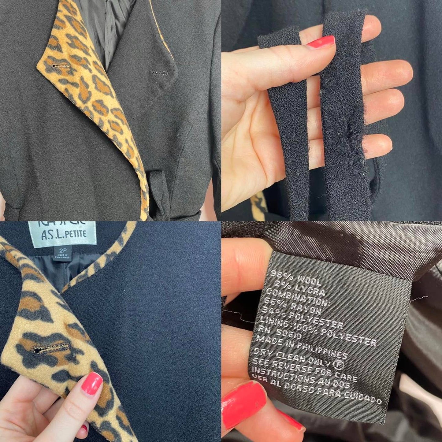 Vintage Kasper Leopard Print Black Blazer, Size Small