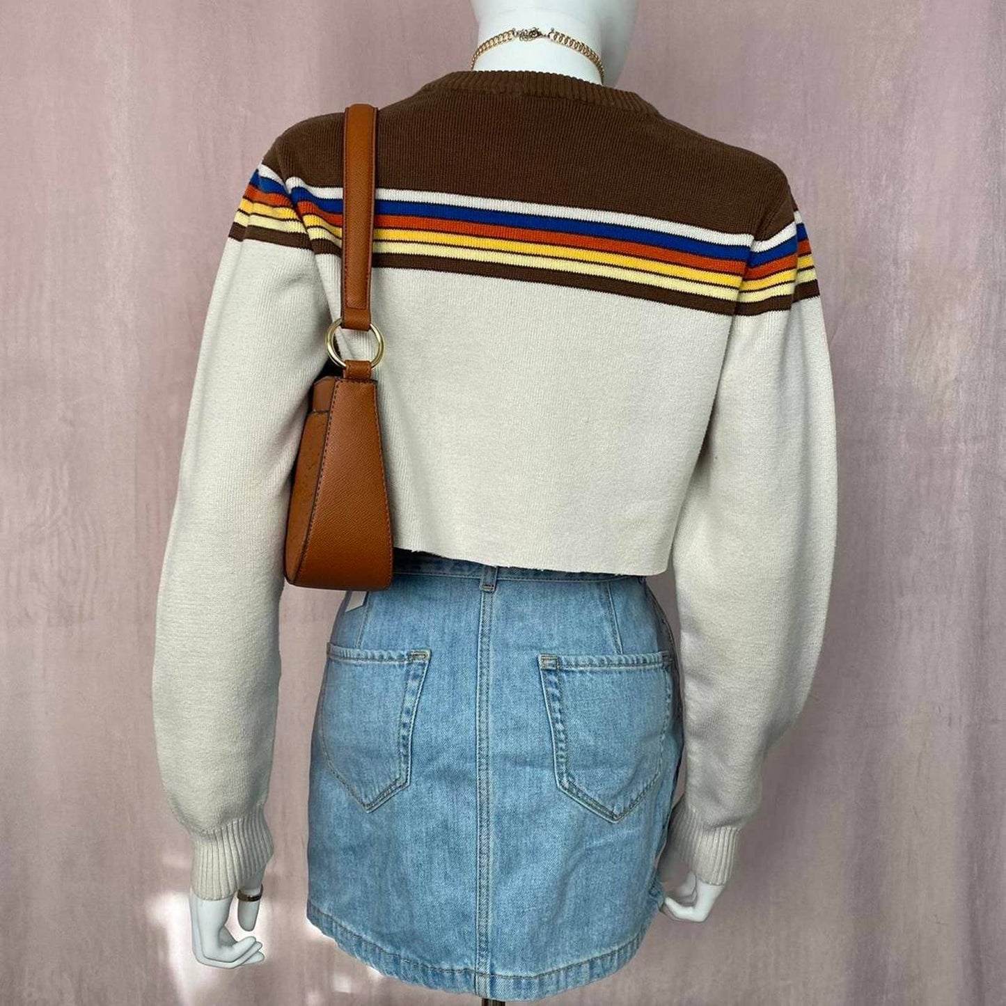 vintage ocean pacific cropped stripe brown tan knit sweater, fits size medium