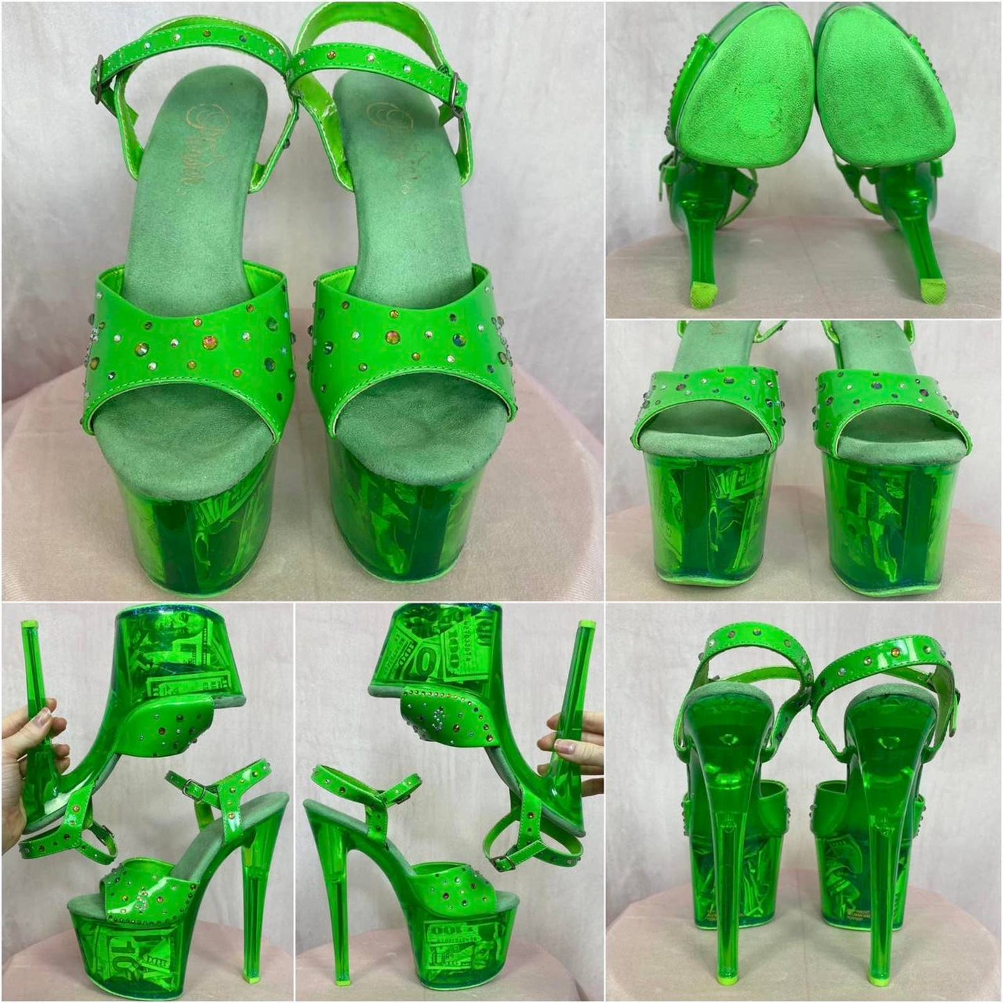 Upcycled Pleaser Green Money Dancer Heels, Size 6