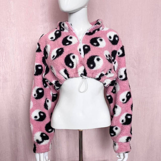 Reworked Yin Yang Half Zip Crop Sherpa, One Size