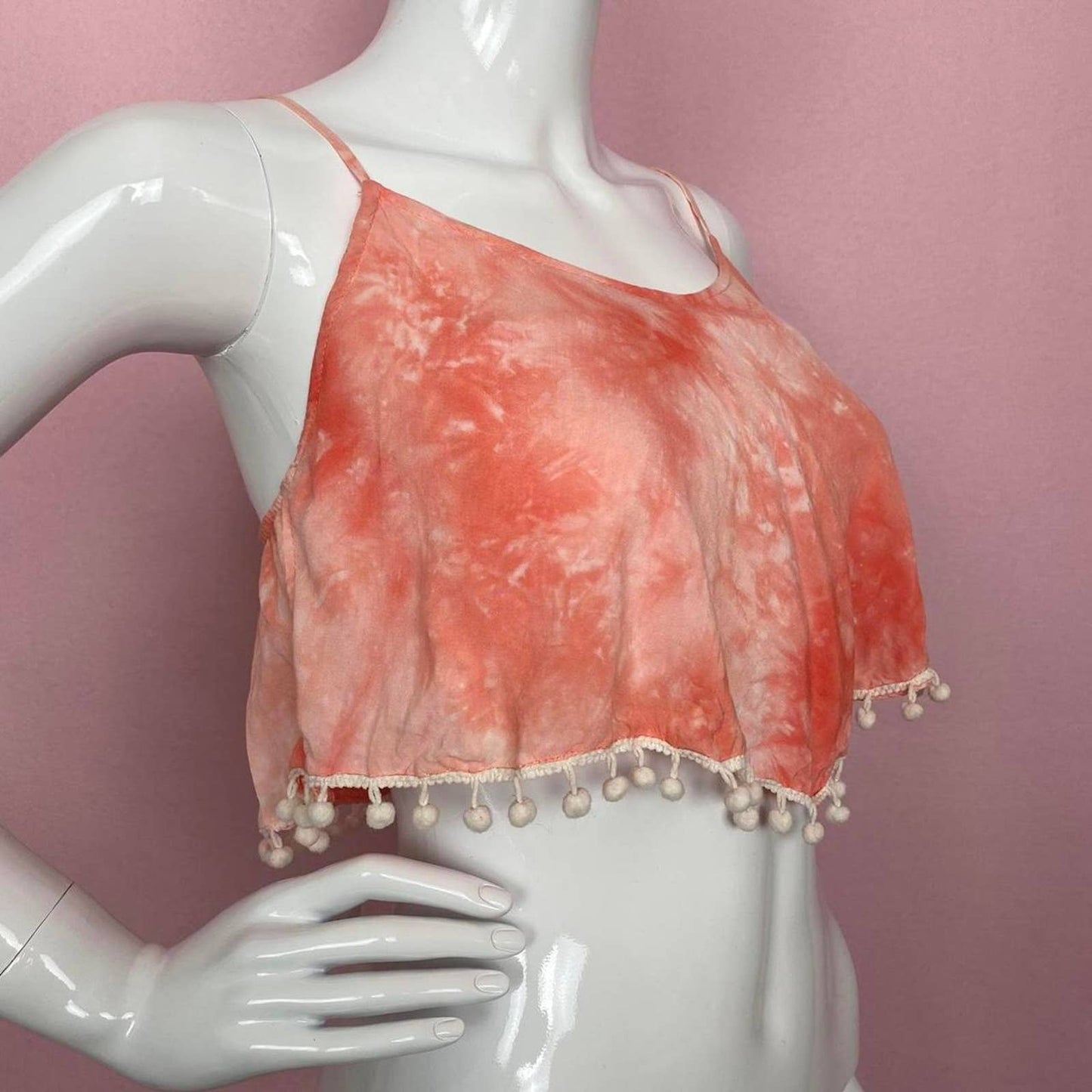 Reworked Boho Tie Dye Pom Pom Trim Crop Top, Size Small
