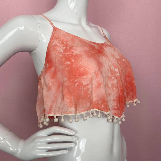 Reworked Boho Tie Dye Pom Pom Trim Crop Top, Size Small