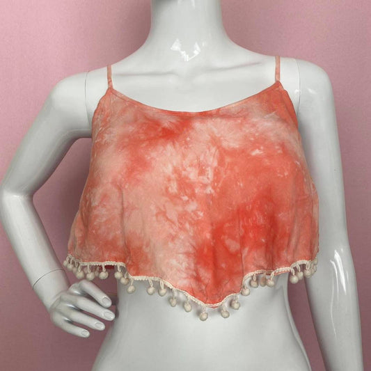 Reworked Boho Tie Dye Pom Pom Trim Crop Top, Size Small