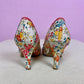 retro bright peach floral victorian y2k closed toe kitten heels, size 6 women's