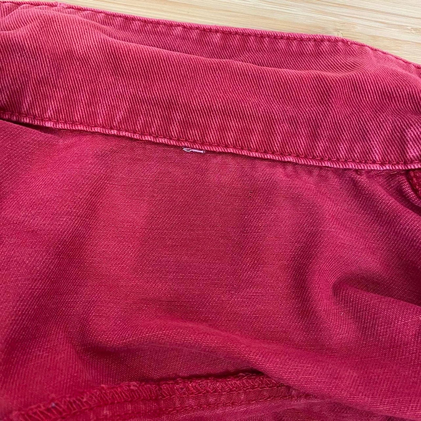 Upcycled Red Distressed Crop Denim Jacket, Size Small