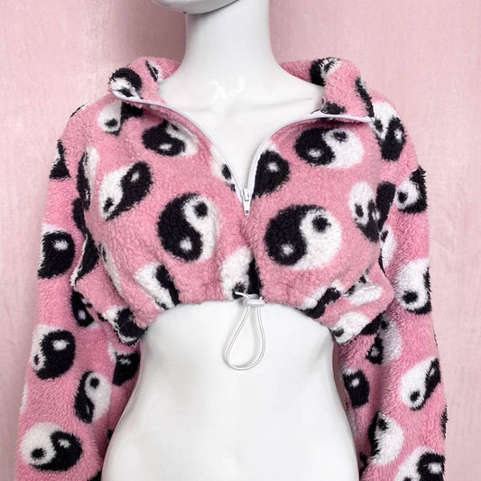 Reworked Yin Yang Half Zip Crop Sherpa, One Size