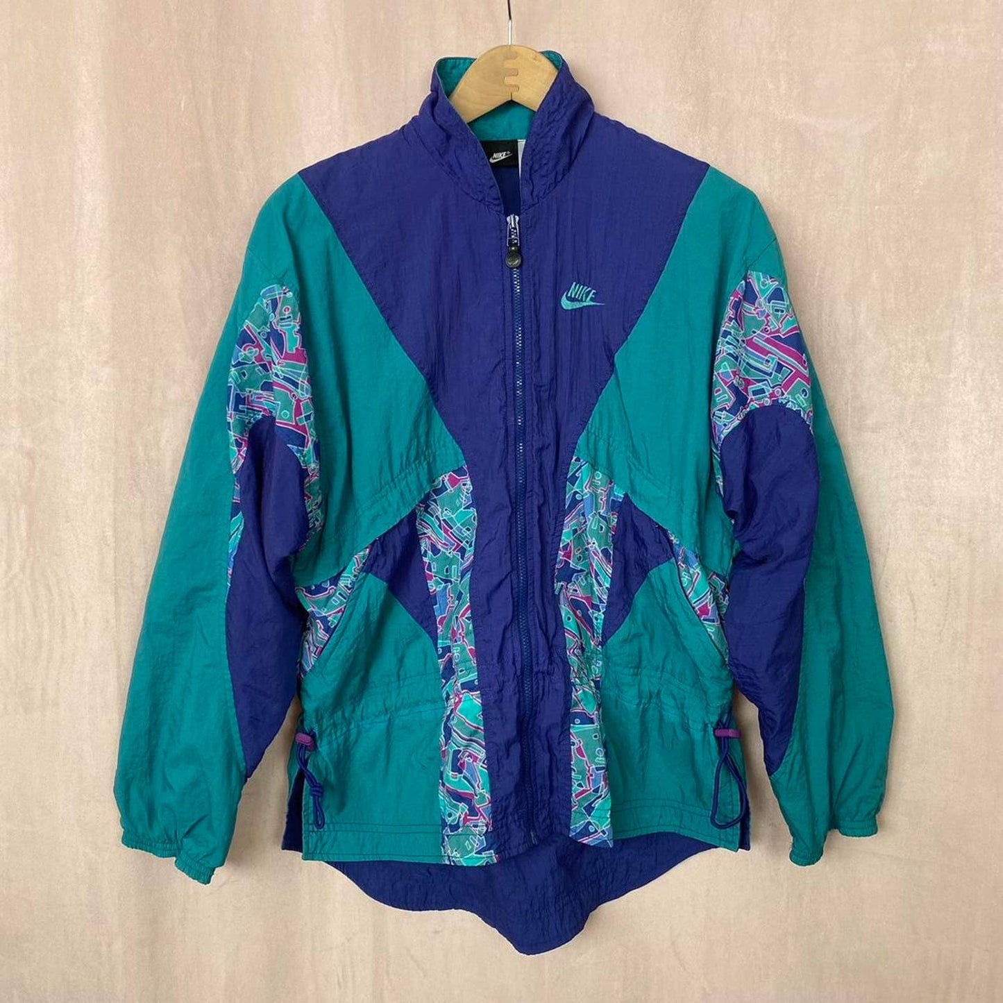 vintage 90s windbreaker teal blue long sleeve retro jacket, size small men’s