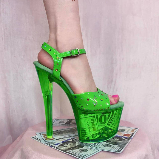 Upcycled Pleaser Green Money Dancer Heels, Size 6